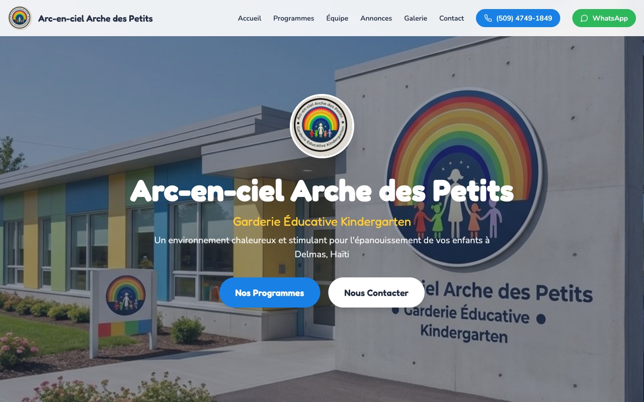 Kindergarten website — colorful school building hero