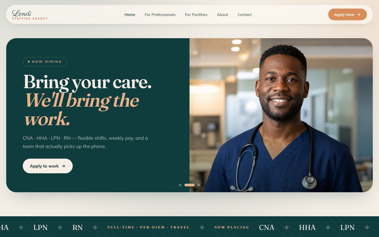 Live staffing agency website built at the Bldscale web bench